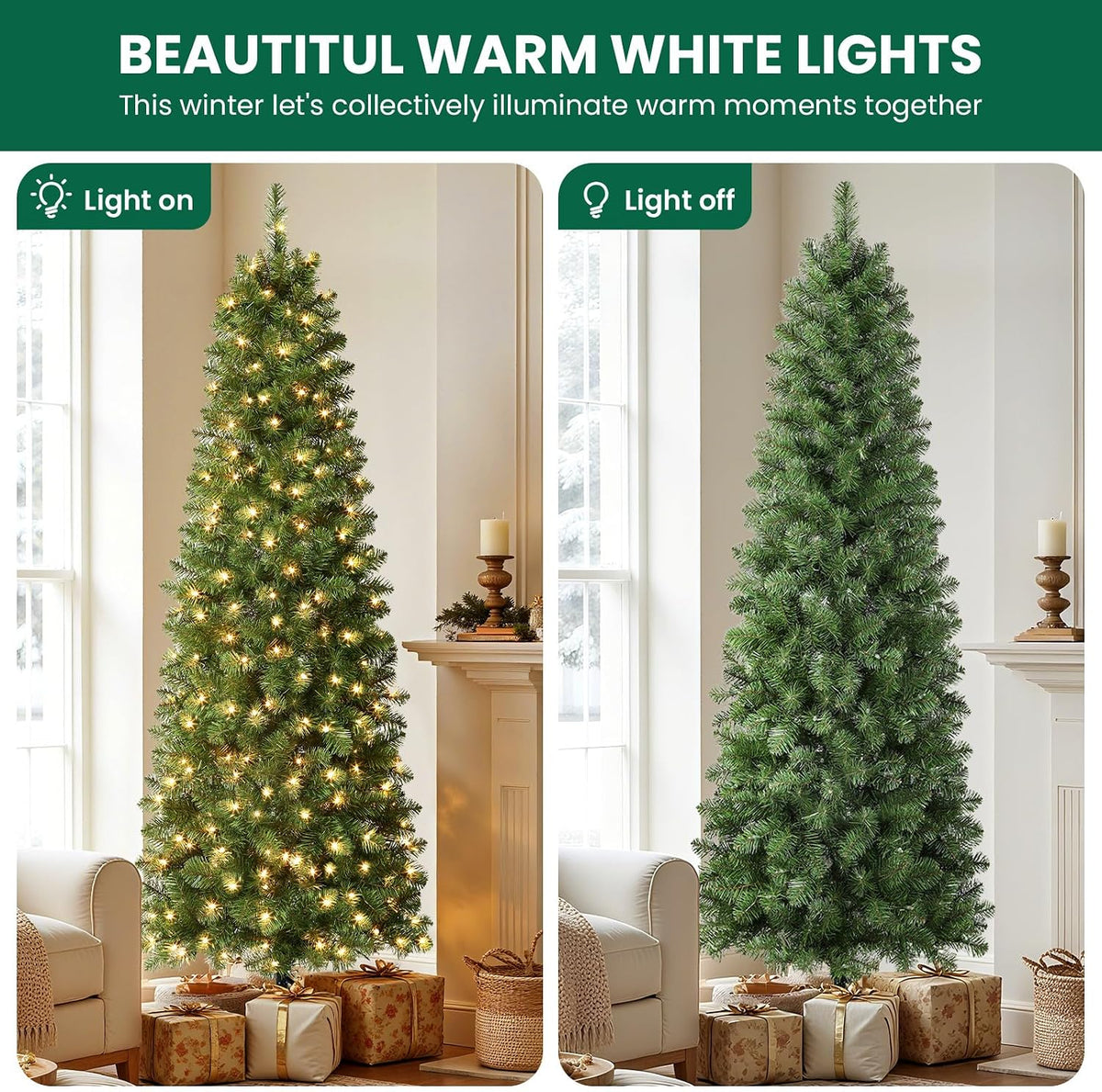 SHareconn Prelit Artificial Pencil Christmas Tree 6FT & Warm White Lights