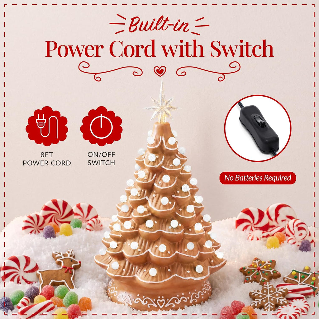 Best Choice Products 15in Ceramic Christmas Tree, Pre-lit Hand-Painted Tabletop Holiday Tree, 2 Star Toppers, 64 Lights - Gingerbread w/White Bulbs