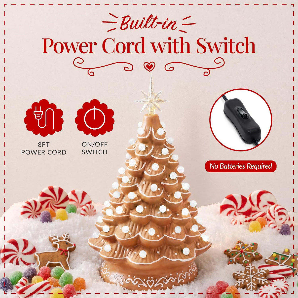 Best Choice Products 15in Ceramic Christmas Tree, Pre-lit Hand-Painted Tabletop Holiday Tree, 2 Star Toppers, 64 Lights - Gingerbread w/White Bulbs