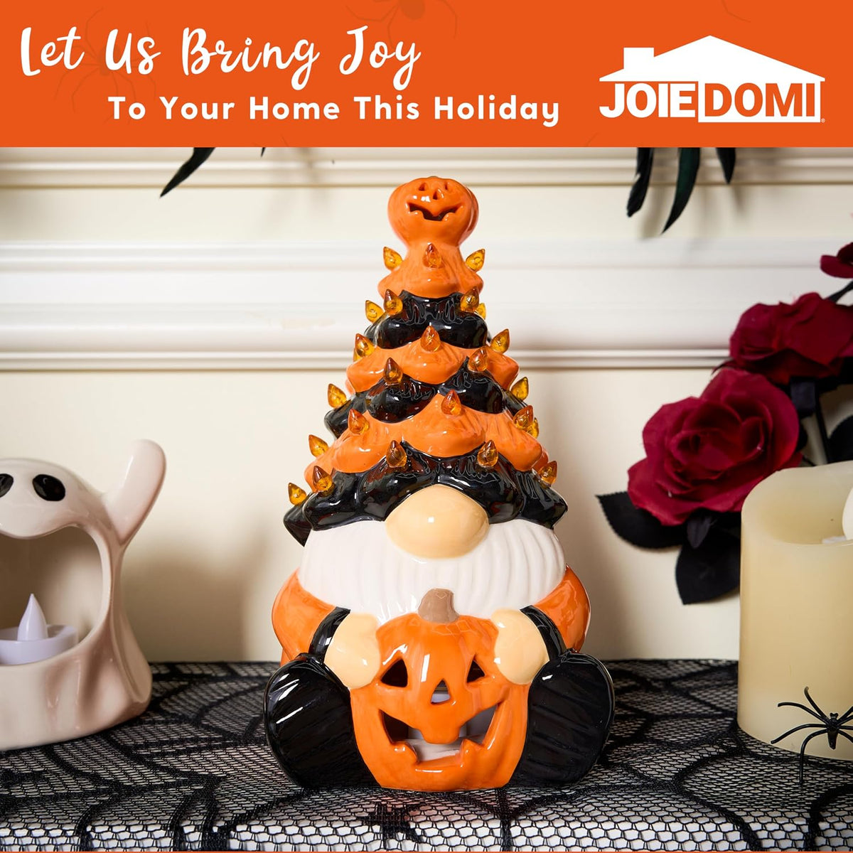 Joiedomi 8.5 inch Tall Halloween Decoration Pumpkin Gnome Ceramic Tree with Build-in LEDs Tabletop Decor for Halloween Indoor Party Supplies Decoration, Battery Operated, Indoor Home Party Decors
