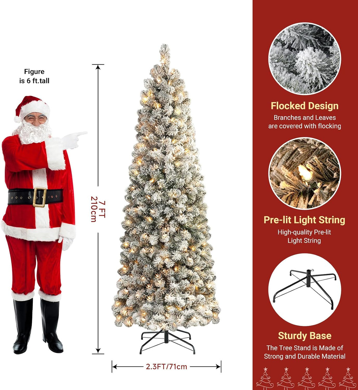 SHareconn 7ft Prelit Snow Flocked Artificial Slim Pencil Christmas Tree