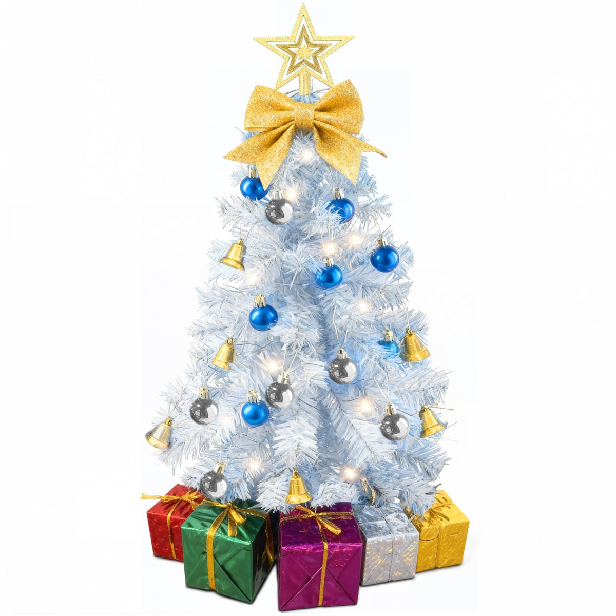 Small Christmas Tree with Lights - 23 Inch Mini Tabletop Christmas Tree with Warm-White LED Lights, Hanging Ornaments, Decorative Bow and Gift Boxes - Prelit Table Tree for DIY Christmas Decoration