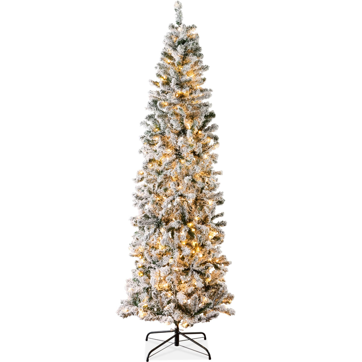 Best Choice Products 6ft Flocked Pencil Christmas Tree w/Twinkling LEDs, Pre-Lit Slim Artificial Holiday Decoration, Lighted Skinny w/Base, 250 Lights, 502 Tips, Warm White Lights