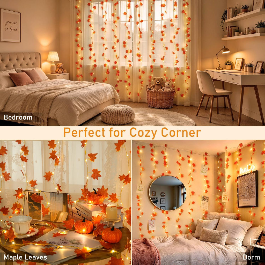 JMEXSUSS Maple Leaf Curtain Lights, 200 LED Fall Garland with Fairy Lights