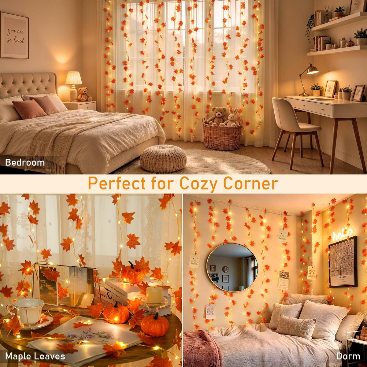 JMEXSUSS Maple Leaf Curtain Lights, 200 LED Fall Garland with Fairy Lights