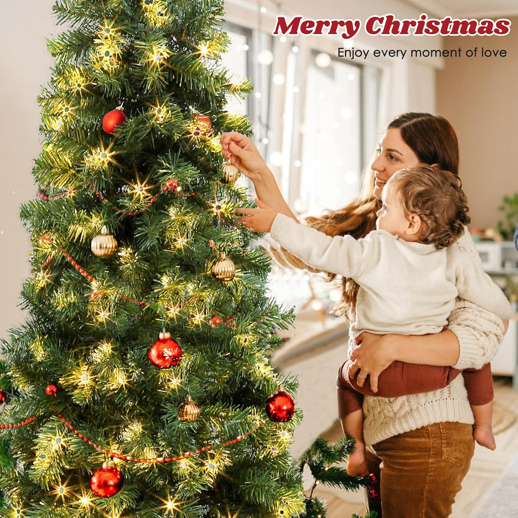 Okicoler Pre-Lit Pencil Artificial Holiday Slim Christmas Tree with Warm Lights and Metal Base Stand for Home, Office, Party Decoration,Green (6.5ft)