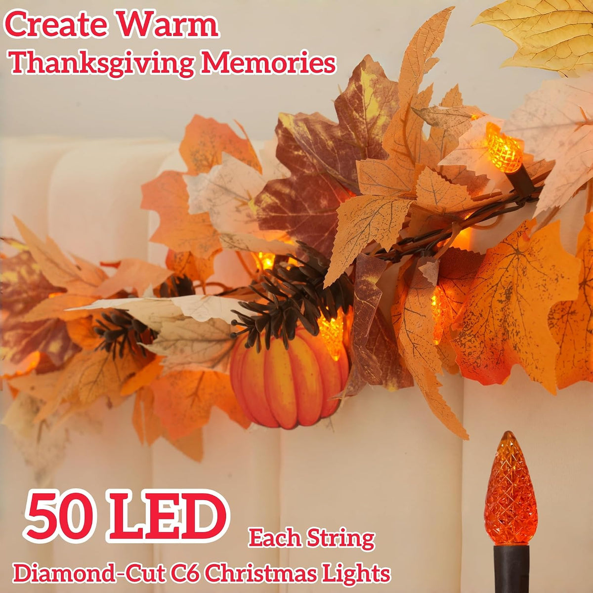 10Ft Lighted Fall Garland with Battery Operated C6 Orange Lights, Extra Long Maple Leaf Garland with Pumpkin Wood Signs, Pinecones & Yellow Berries, Thanksgiving Autumn Decor Indoor Outdoor