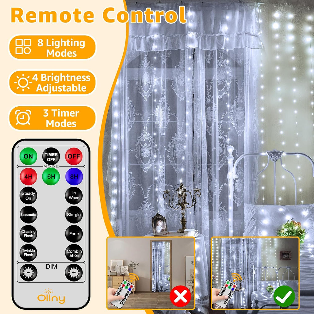 Ollny Curtain Lights 300LED 9.8ftx9.8ft, Connectable IP67 Waterproof