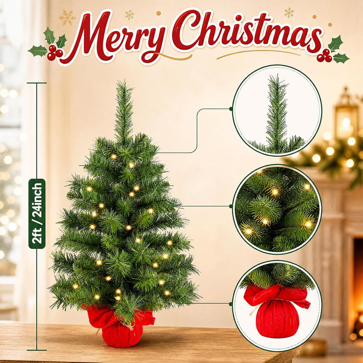 2ft Pre-lit Artificial Mini Christmas Tree,Small Xmas Tree