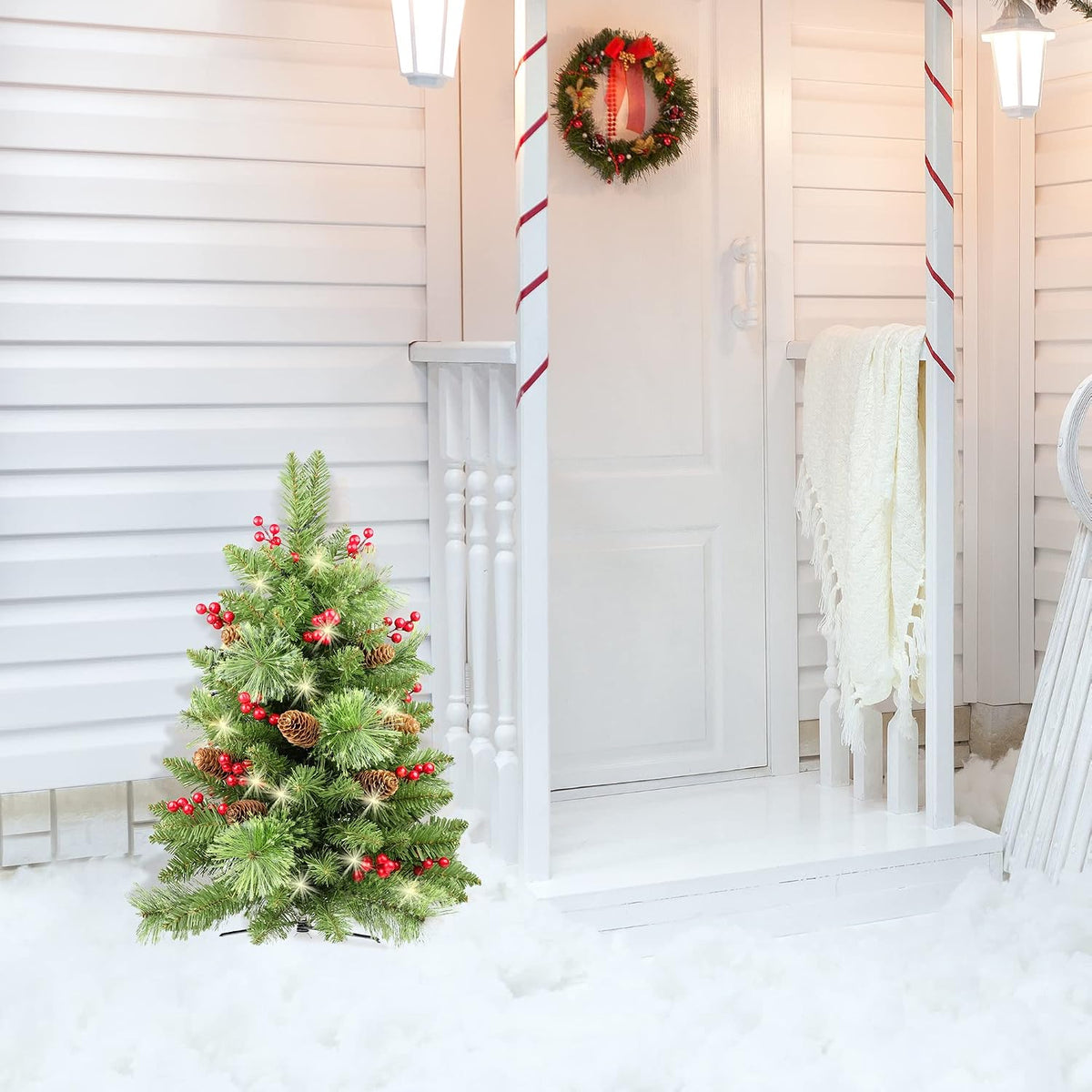 HomeKaren Solar Christmas Tree 30 inch Prelit 2 Set Pathway Porch Christmas Trees Pre-Light LED Battery Operated Outdoor Xmas Decor for Entrance Driveway, Yard, Garden