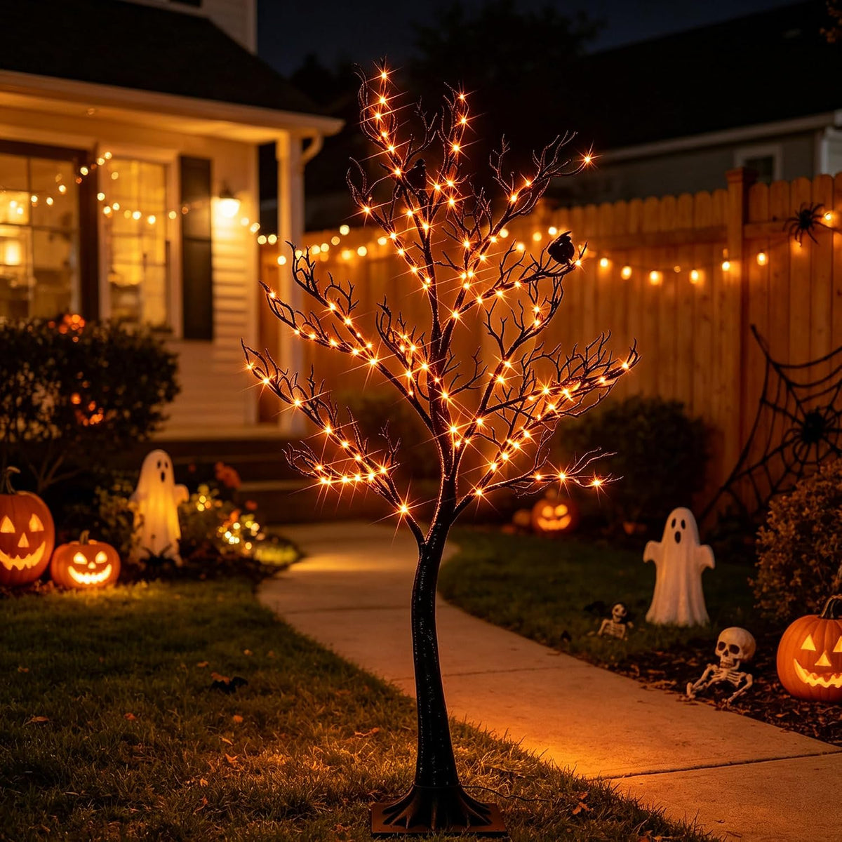 Hairui Lighted Halloween Tree with 150 Orange Fairy Lights 4FT, Spooky Black Tree Lights Plug in for Indoor Outdoor Home Halloween Party Decoration