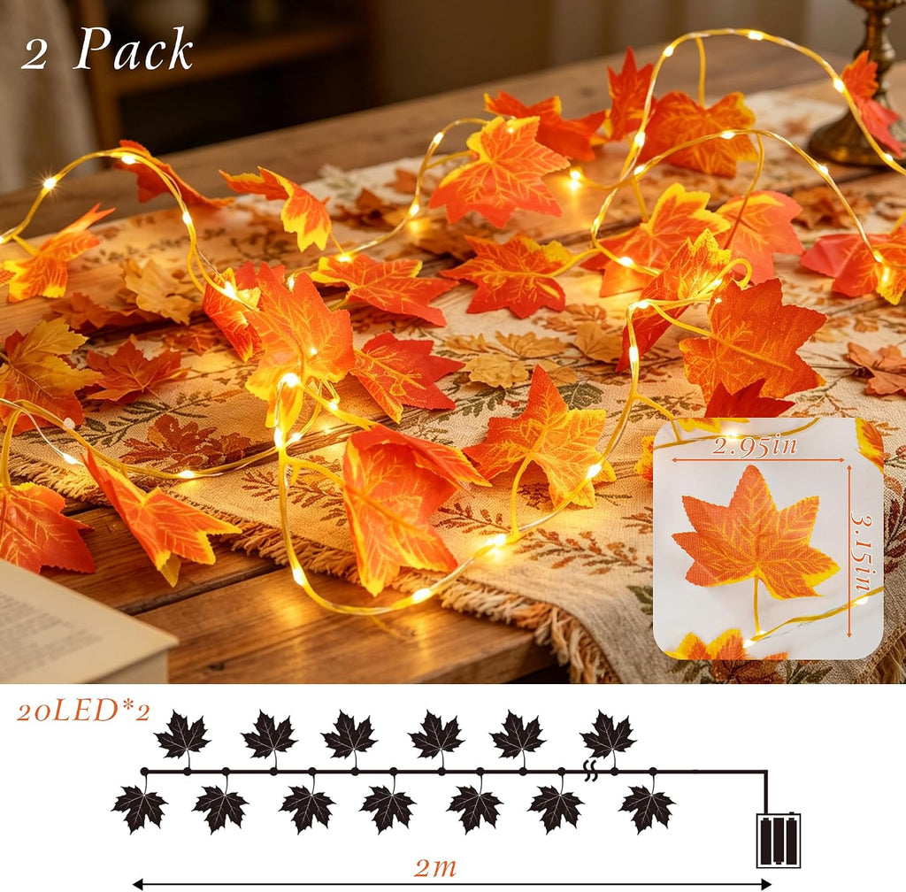 Maple Leaf String Lights, 2 Pack Battery Operated Fall Garland