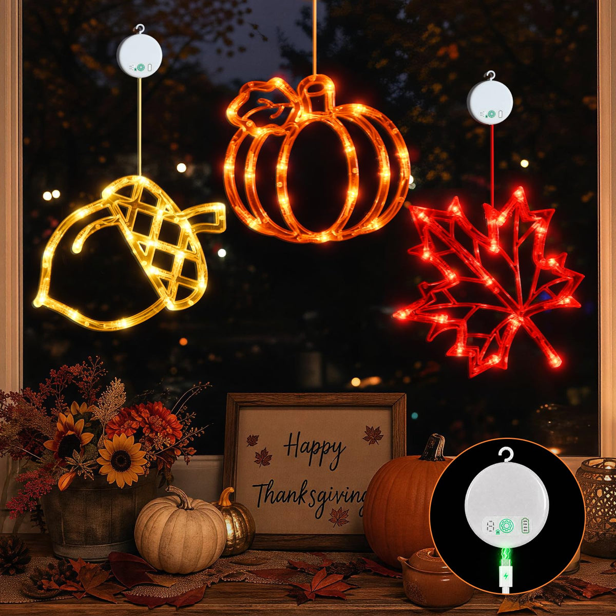 LOLStar Acorn Maple Leaves Pumpkin Thanksgiving Lights, 3 Pack Rechargeable