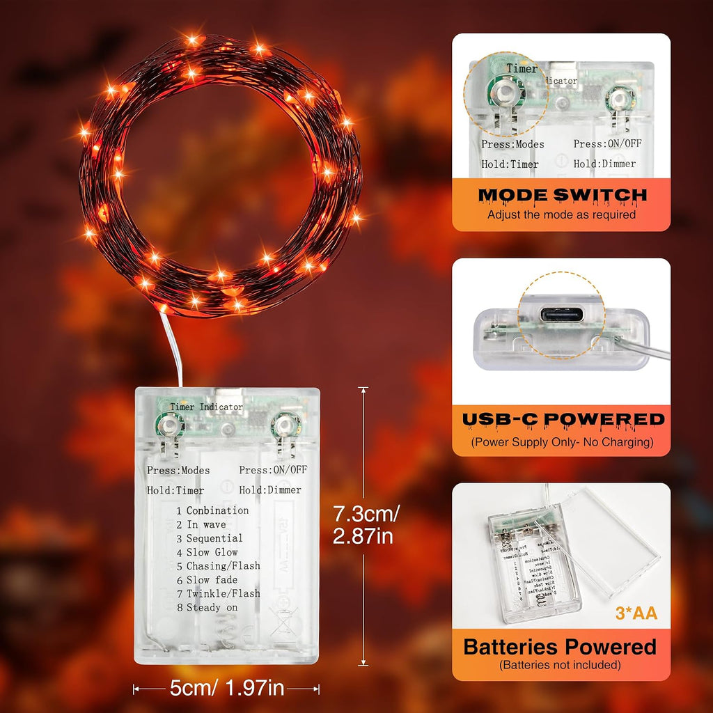 2 Pack Orange Fairy Lights, 16FT 50LED Halloween String Lights