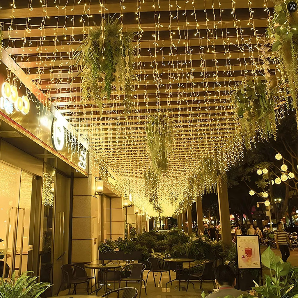 Icicle Lights, 16.4 FT 120 LED 8 Modes, Fairy Hanging Ceiling Twinkle Connectable Waterfall String Lights for Indoor Christmas Eaves Balcony Business Outdoor Decor, Warm White, 5M06
