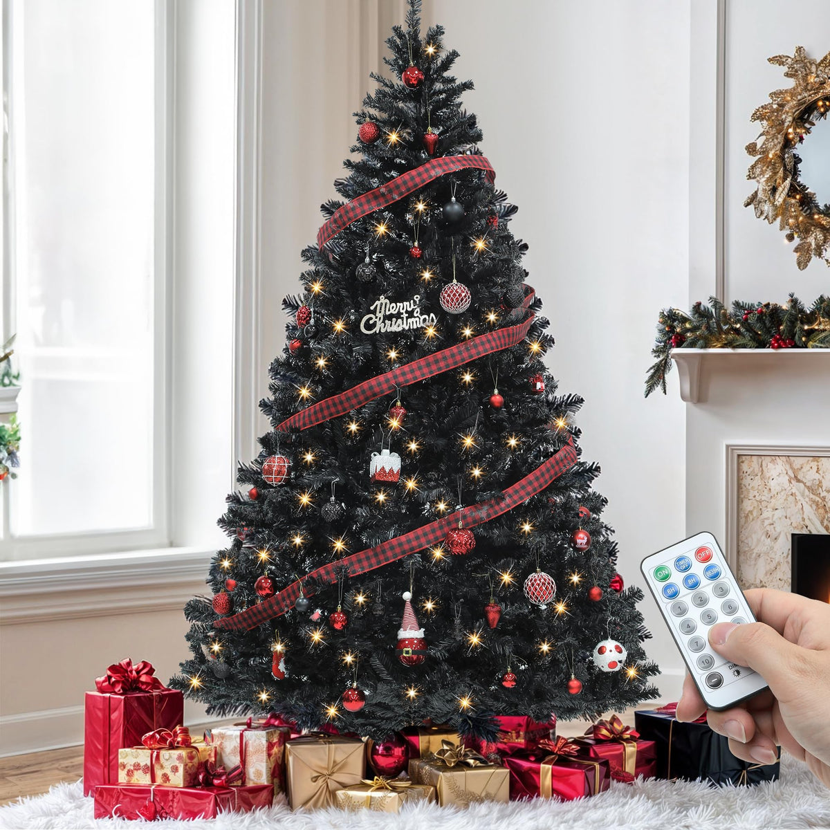 YITAHOME Pre-Lit Green Artificial Hinged Christmas Tree with Remote Control, 6ft Prelighted Spruce Xmas Tree for Home, Office, Party Decoration with 1000 Branch Tips and 250 Lights, Green