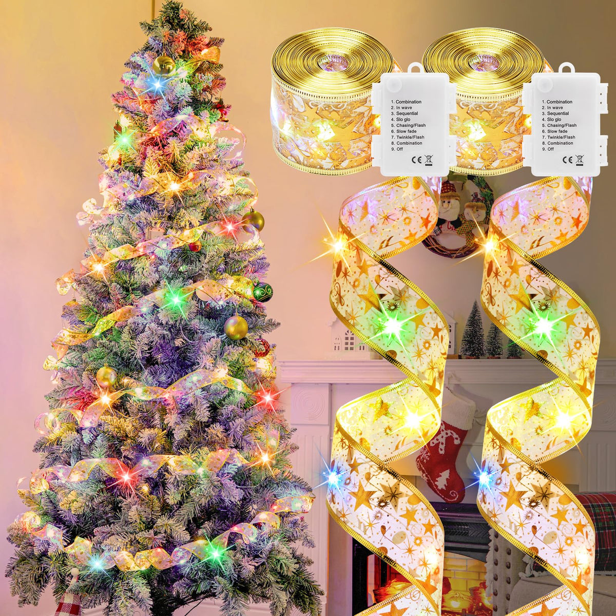 2 Pack Christmas Tree Ribbon String Lights - 33ft 100 LED Battery Powered Fairy Lights with Timer and 8 Lighting Modes, Christmas Ribbon Bows Lights for 6ft - 8ft Christmas Tree New Year Decor, Gold