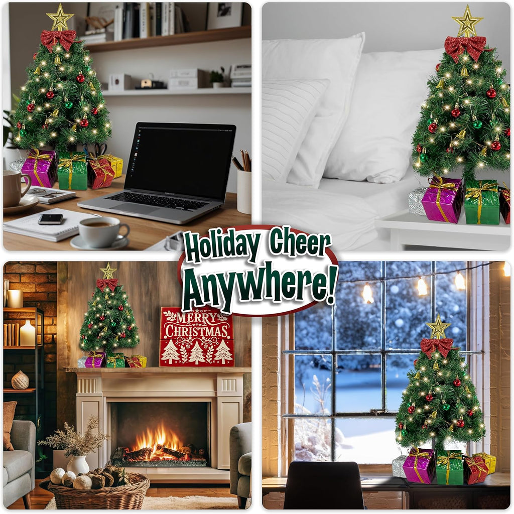 Small Christmas Tree with Lights - 23 Inch Mini Tabletop Christmas Tree with Warm-White LED Lights, Hanging Ornaments, Decorative Bow and Gift Boxes - Prelit Table Tree for DIY Christmas Decoration