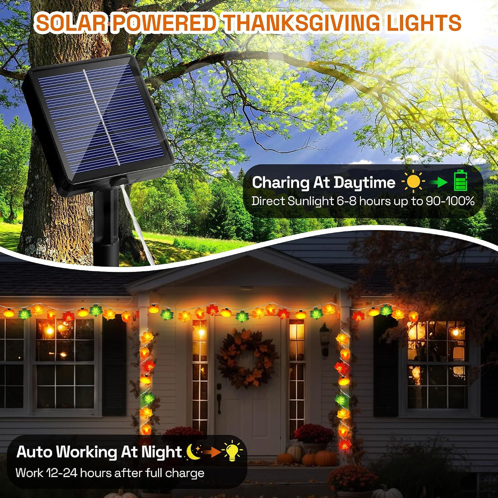Solar Fall Lights Outdoor 17.4Ft 3D Acorn Pumpkin Maple Leaf String Lights, 8 Modes Thanksgiving Lights Fall Decor Thanksgiving Decorations for Outdoor