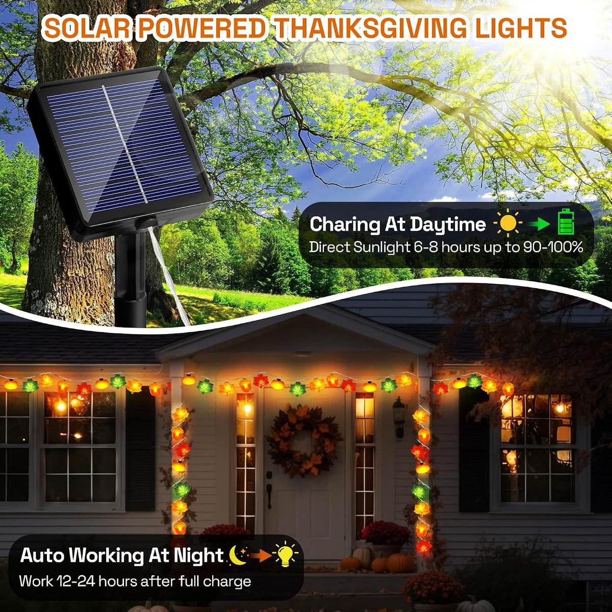 Solar Fall Lights Outdoor 17.4Ft 3D Acorn Pumpkin Maple Leaf String Lights, 8 Modes Thanksgiving Lights Fall Decor Thanksgiving Decorations for Outdoor