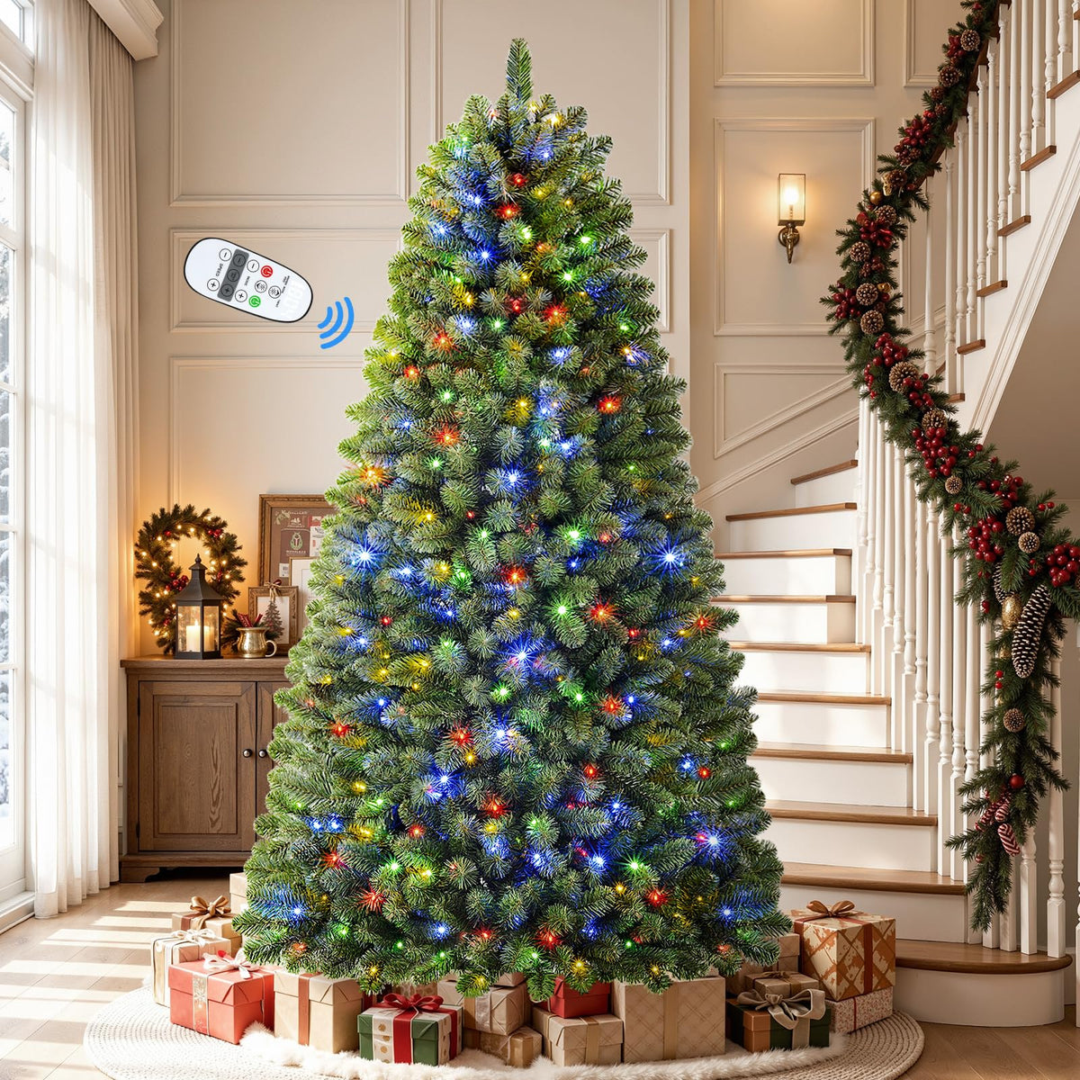 7FT Artificial Prelit Classic Christmas Tree with Remote Control,Timer