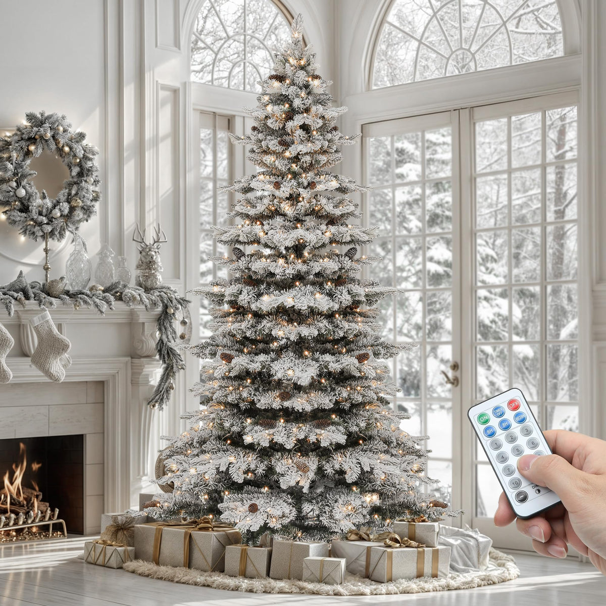 YITAHOME 7.5ft Prelit Natural Layered Flocked Christmas Tree with Remote