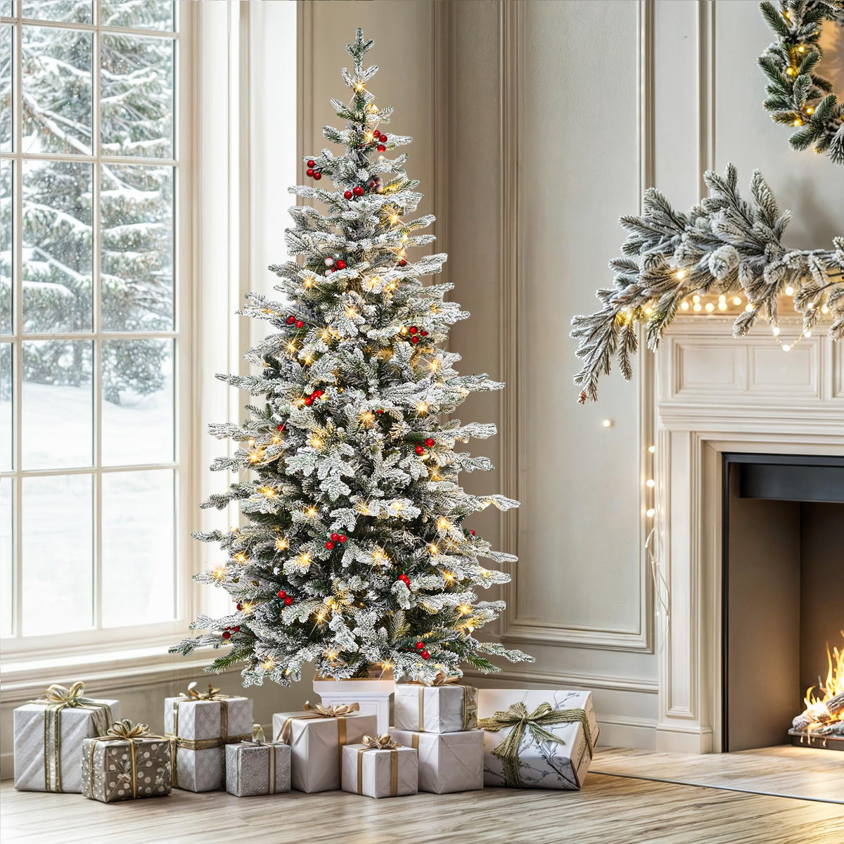YITAHOME Pre-Lit Green Artificial Hinged Christmas Tree with Remote Control, 6ft Prelighted Spruce Xmas Tree for Home, Office, Party Decoration with 1000 Branch Tips and 250 Lights, Green