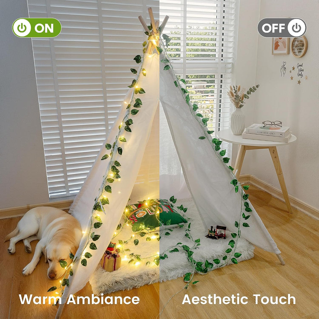 Vine String Lights Plug in, 23FT 73 LED Vines with Fairy Lights, Faux Pothos Leaf Garland with Light for Bedroom, Dorm Room, Wedding, Party & Home Decor, Warm White