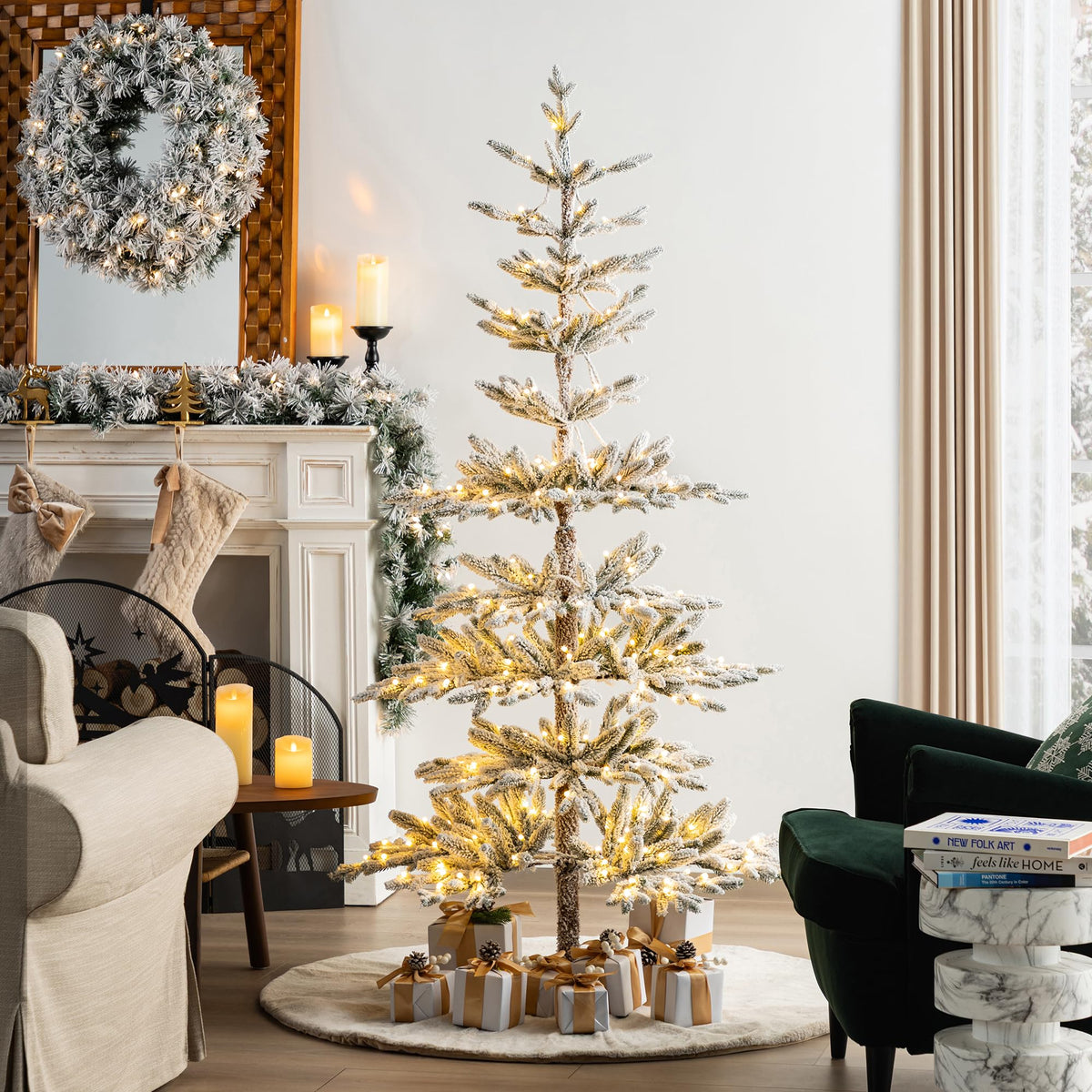 Glitzhome 7.5ft Prelit Christmas Tree, Artificial Christmas Tree with 350 Warm White Lights, Flocked Pencil Christmas Trees Chicago Frostwood Spruce with 1,211 PE&PVC Branch Tips,Sturdy Metal Stand