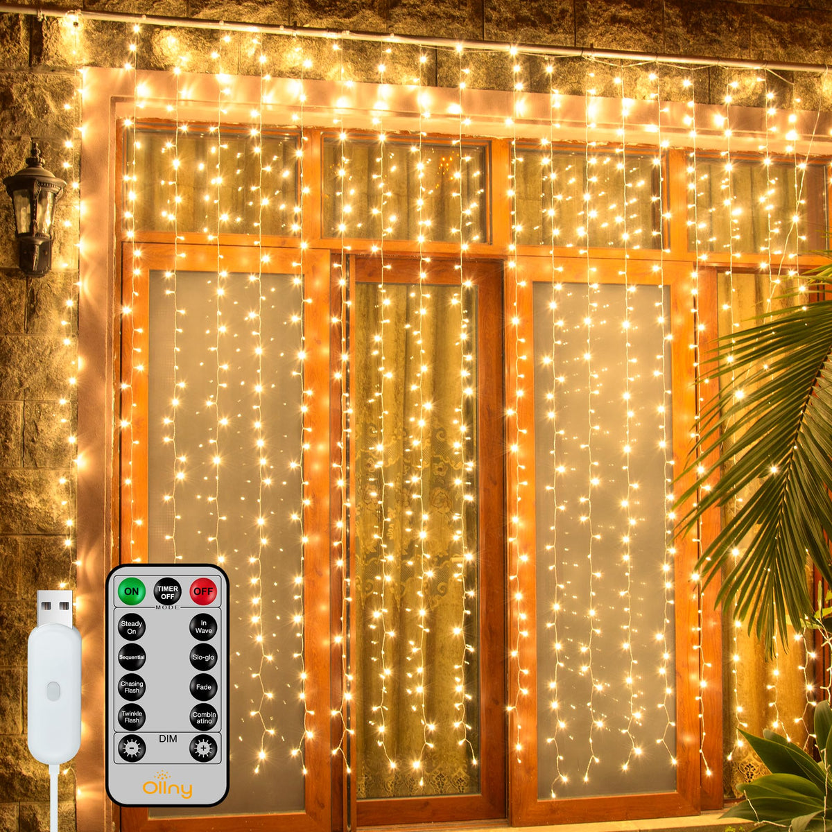 Ollny Curtain Lights 6.6x6.6ft, 200LED String Lights with Remote Warm White