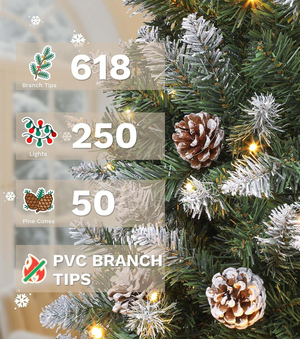 DWVO 6ft Pre-lit Artificial Christmas Tree, Slim Partial Snowy Pencil Kingswood Fir Christmas Trees with 50 Pine Cones, 618 Branch Tips & 250 UL Listed Lights with Remote Control for Home Party
