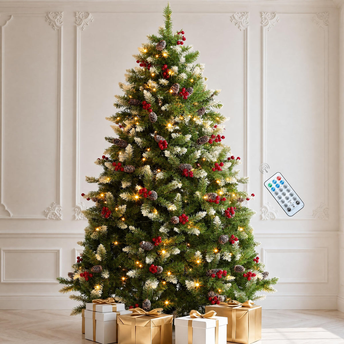 DWVO 6ft Prelit Flocked Aspen Fir Christmas Tree with Bulbs and Lights, Full Artificial Xmas Tree with 1336 Metal Hinged PE & PVC Flame Resistant Branches, 46 Bulbs and 270 Lights Remote Controlled