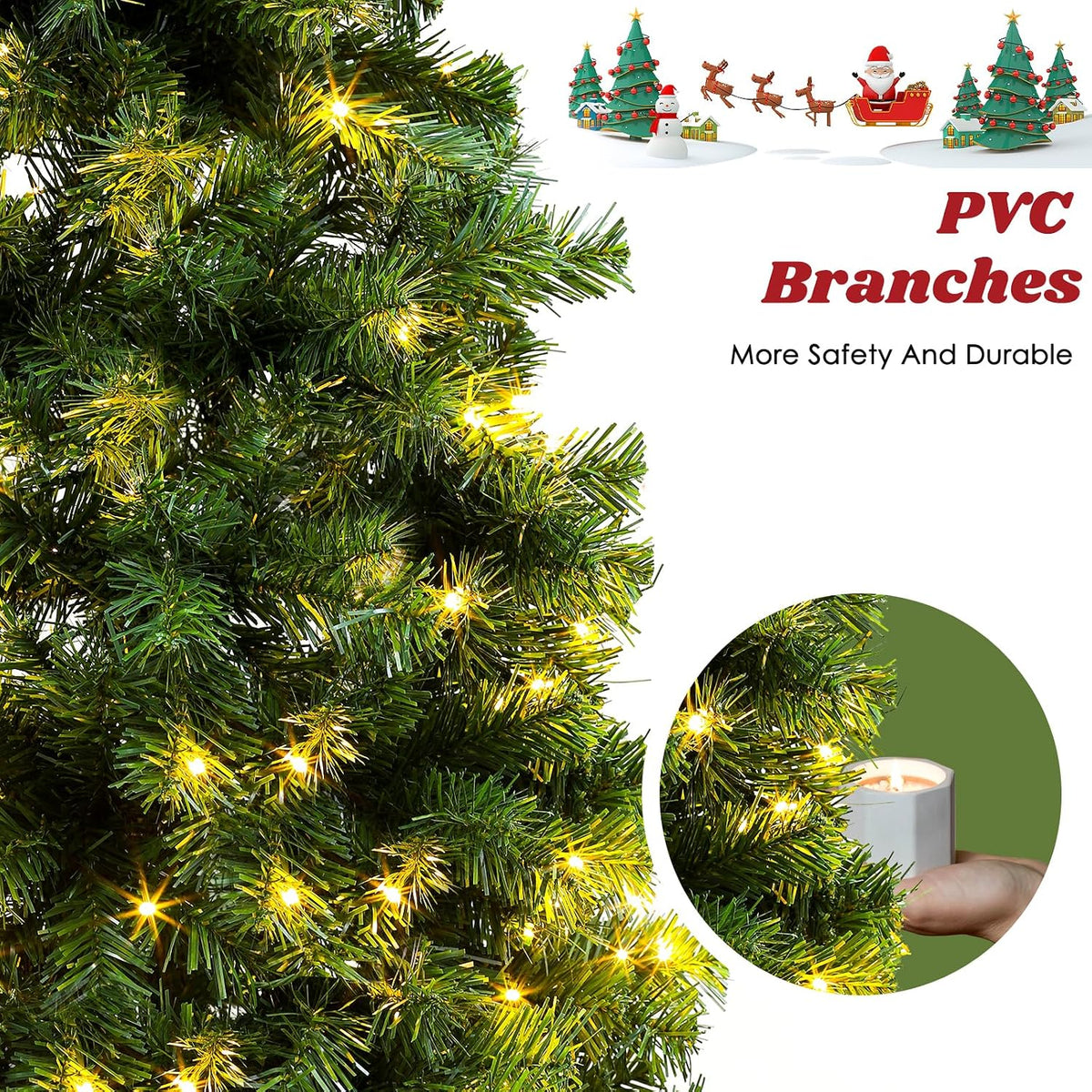 Okicoler Pre-Lit Pencil Artificial Holiday Slim Christmas Tree with Warm Lights and Metal Base Stand for Home, Office, Party Decoration,Green (6.5ft)