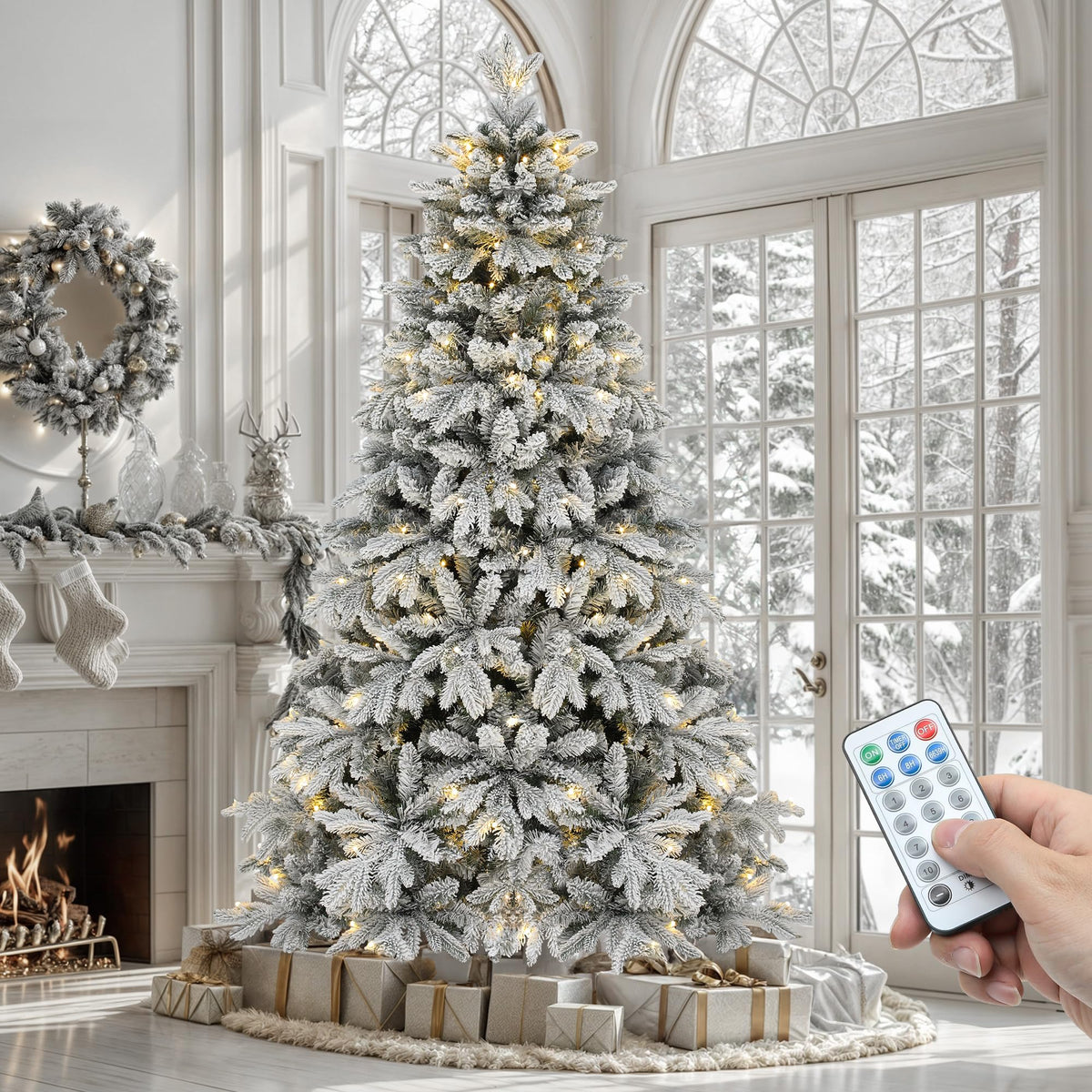 YITAHOME 7.5ft Prelit Natural Layered Flocked Christmas Tree with Remote