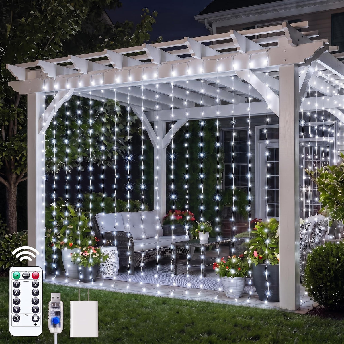 Brightown 300 LED Curtain Lights, 9.8 FT Plug in Fairy Lights for Bedroom, 8 Lighting Modes, Christmas String Lights for Window Wall Wedding Party Birthday Christmas Decorations, Warm White