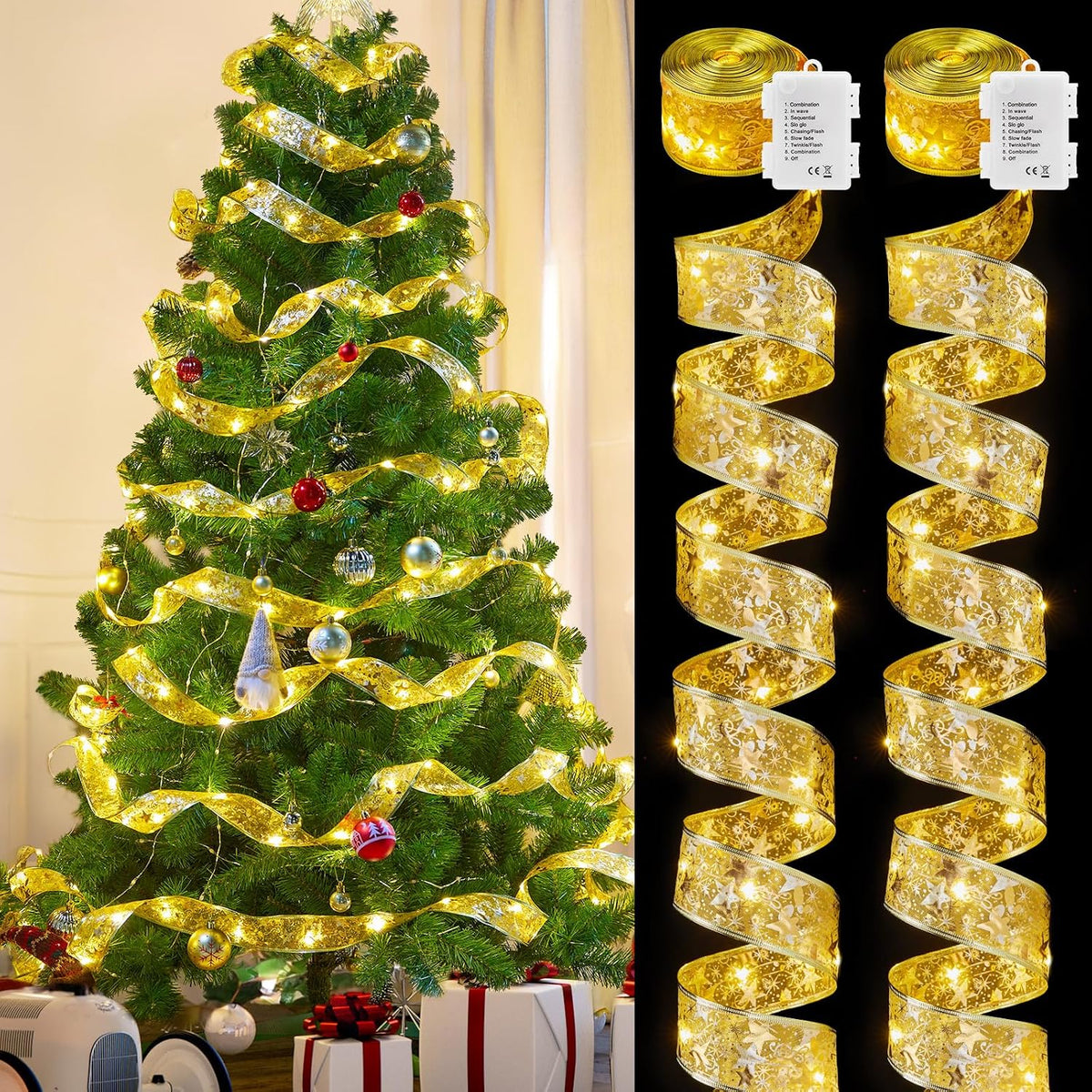 2 Pack Christmas Tree Ribbon String Lights - 33ft 100 LED Battery Powered Fairy Lights with Timer and 8 Lighting Modes, Christmas Ribbon Bows Lights for 6ft - 8ft Christmas Tree New Year Decor, Gold