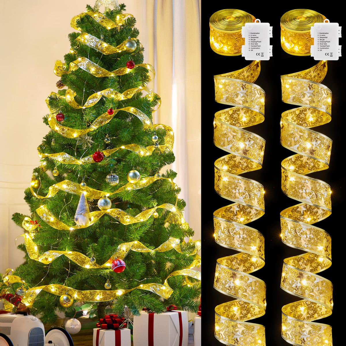 2 Pack Christmas Tree Ribbon String Lights - 33ft 100 LED Battery Powered Fairy Lights with Timer and 8 Lighting Modes, Christmas Ribbon Bows Lights for 6ft - 8ft Christmas Tree New Year Decor, Gold