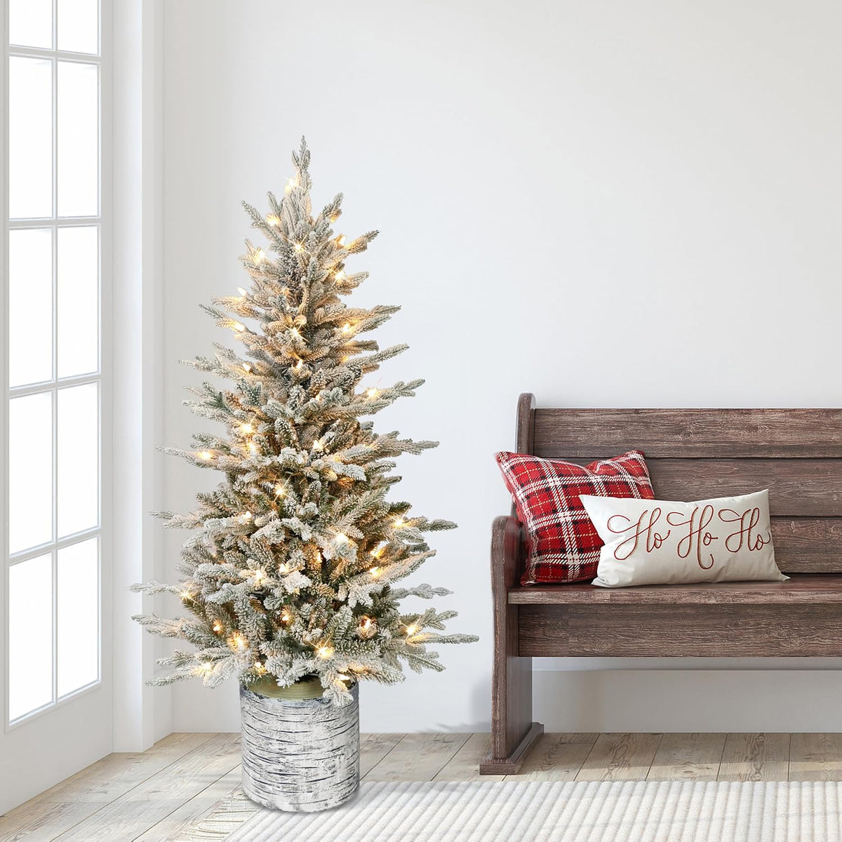 Puleo International 4.5ft Pre-Lit Potted Flocked Arctic Fir Christmas Tree