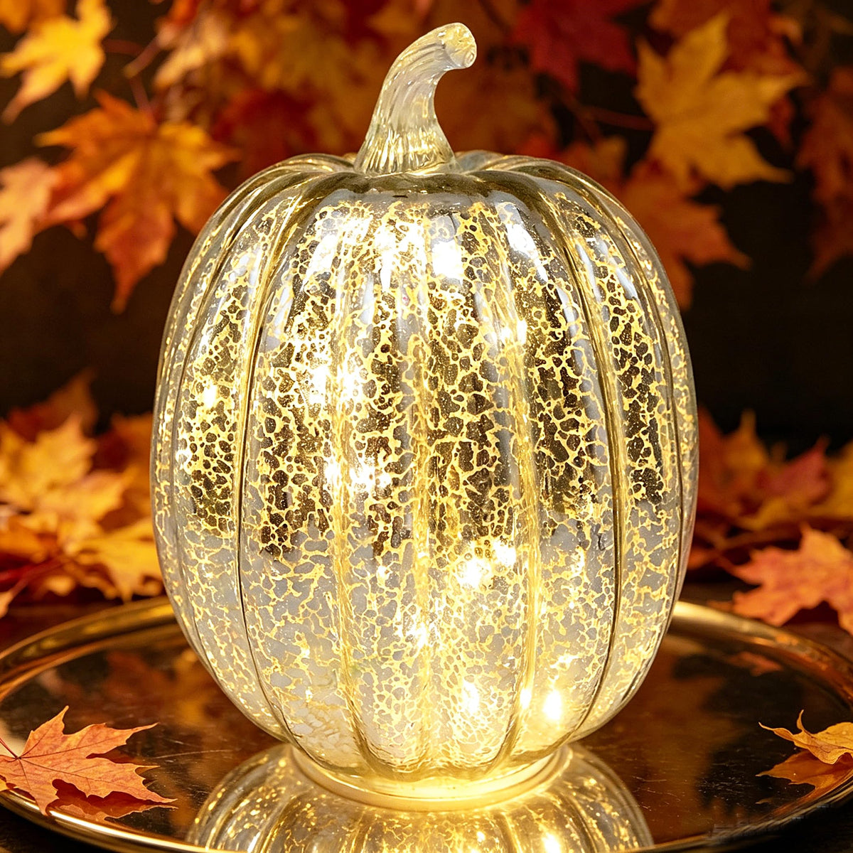 Fall Decorations for Home,Mercury Glass Pumpkin Lights with Timer(Gold)