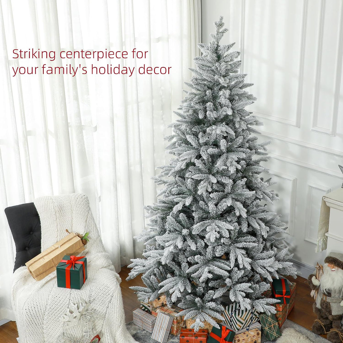 HOMCOM 7ft Snow Flocked Artificial Christmas Tree Hinged Xmas Tree Green