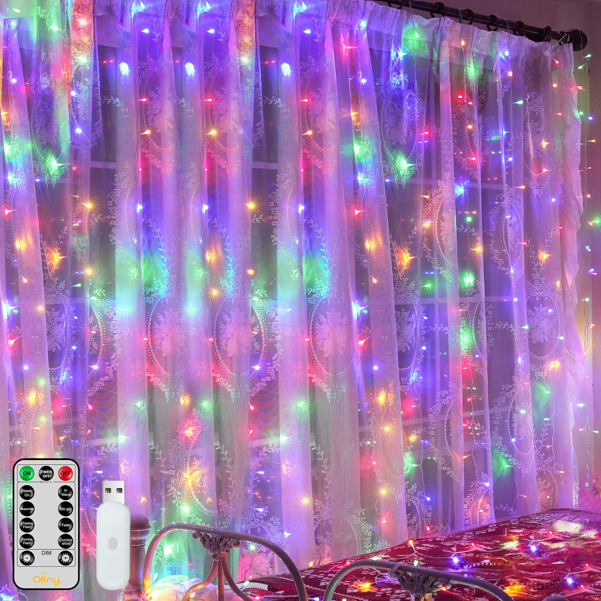 Ollny Curtain Lights 6.6x6.6ft, 200LED String Lights with Remote Warm White