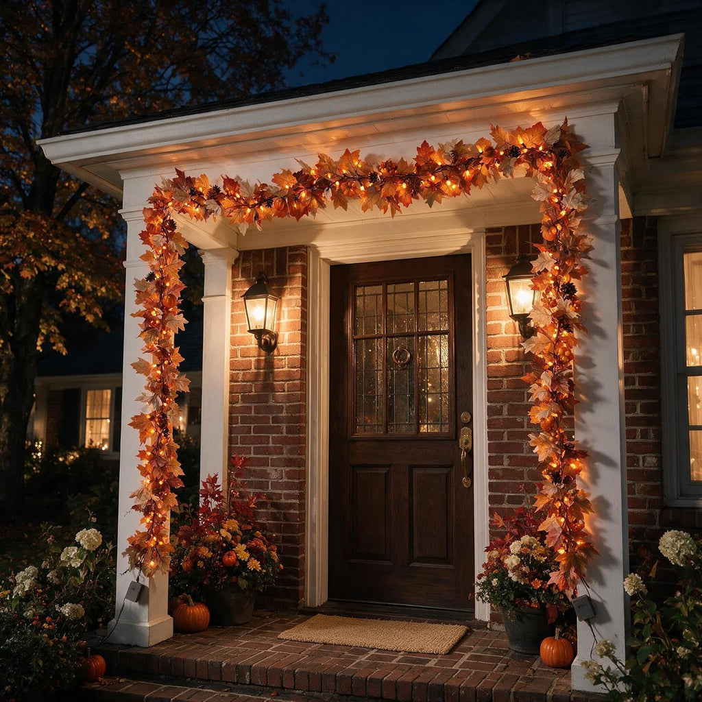 10Ft Lighted Fall Garland with Battery Operated C6 Orange Lights, Extra Long Maple Leaf Garland with Pumpkin Wood Signs, Pinecones & Yellow Berries, Thanksgiving Autumn Decor Indoor Outdoor