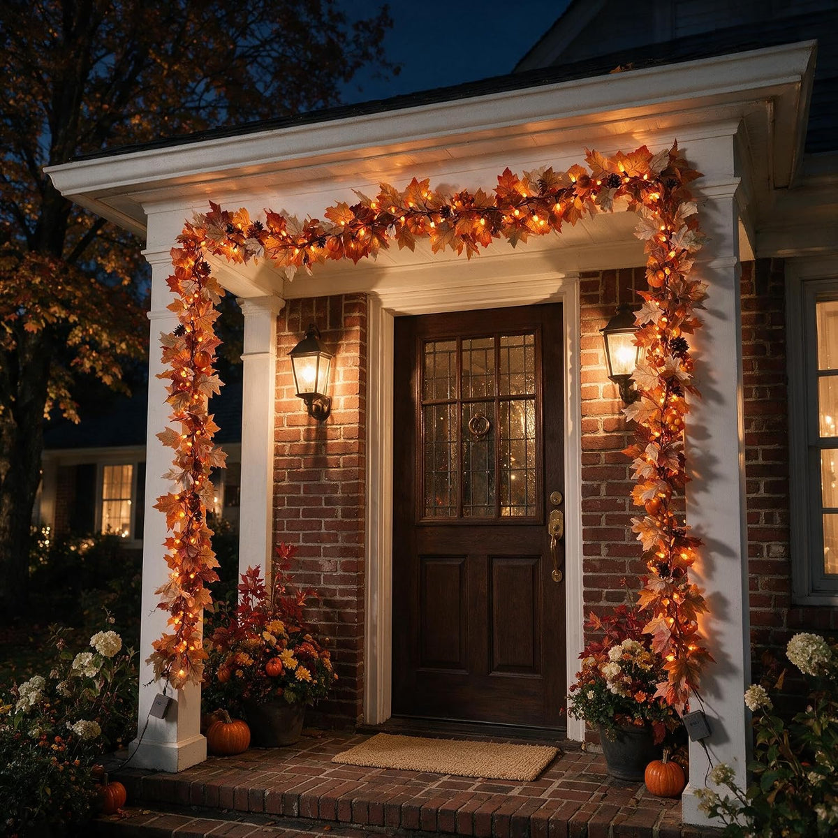 10Ft Lighted Fall Garland with Battery Operated C6 Orange Lights, Extra Long Maple Leaf Garland with Pumpkin Wood Signs, Pinecones & Yellow Berries, Thanksgiving Autumn Decor Indoor Outdoor