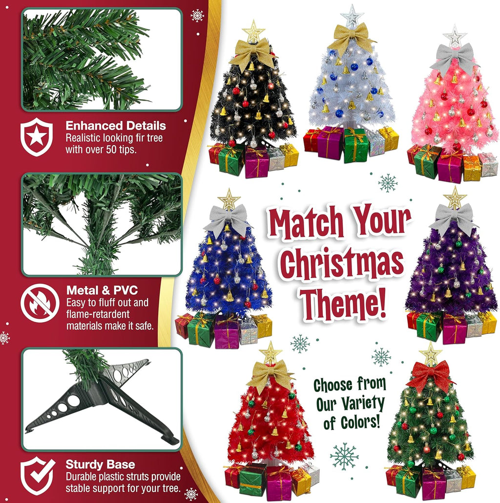 Small Christmas Tree with Lights - 23 Inch Mini Tabletop Christmas Tree with Warm-White LED Lights, Hanging Ornaments, Decorative Bow and Gift Boxes - Prelit Table Tree for DIY Christmas Decoration