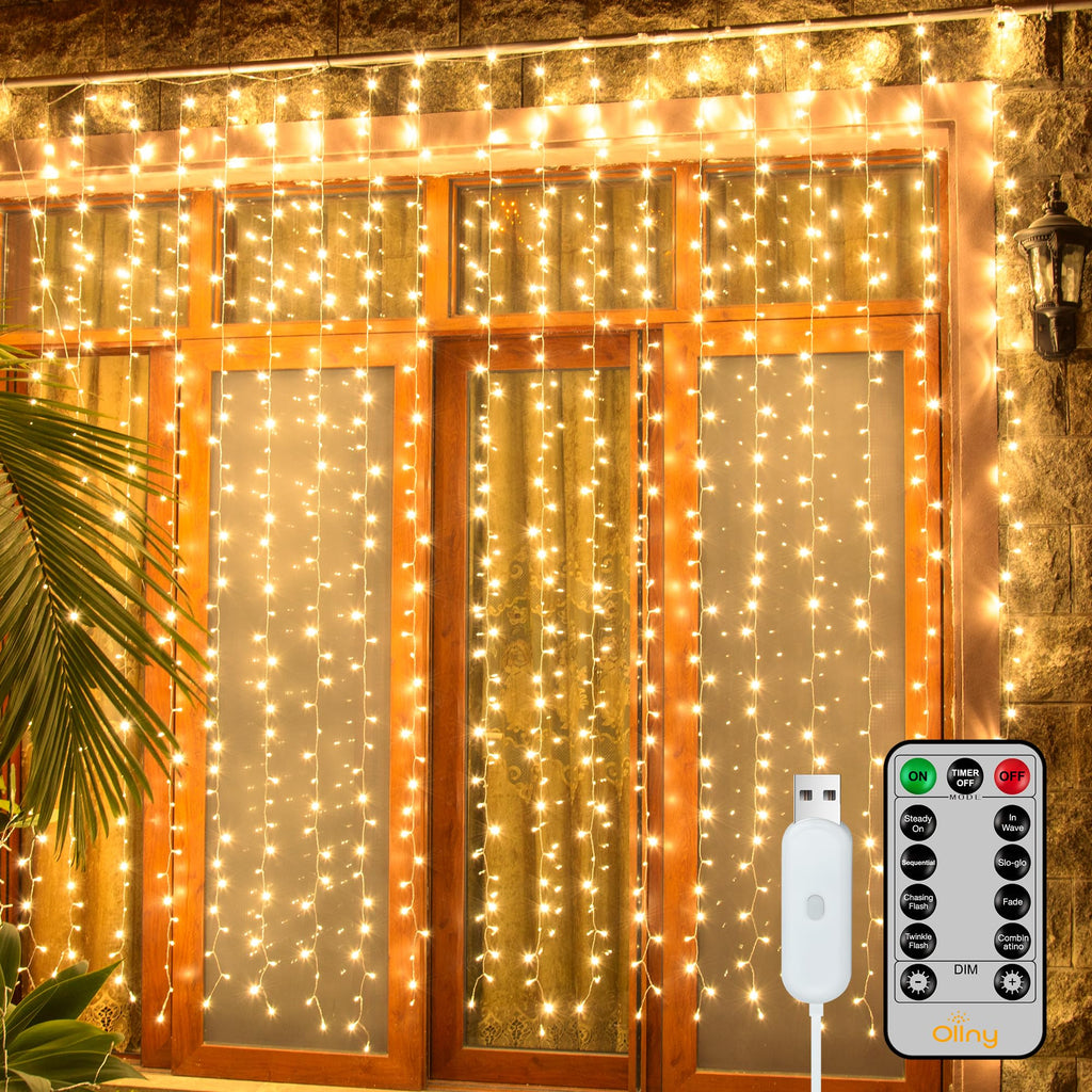 Ollny Curtain Lights 6.6x6.6ft, 200LED String Lights with Remote Warm White