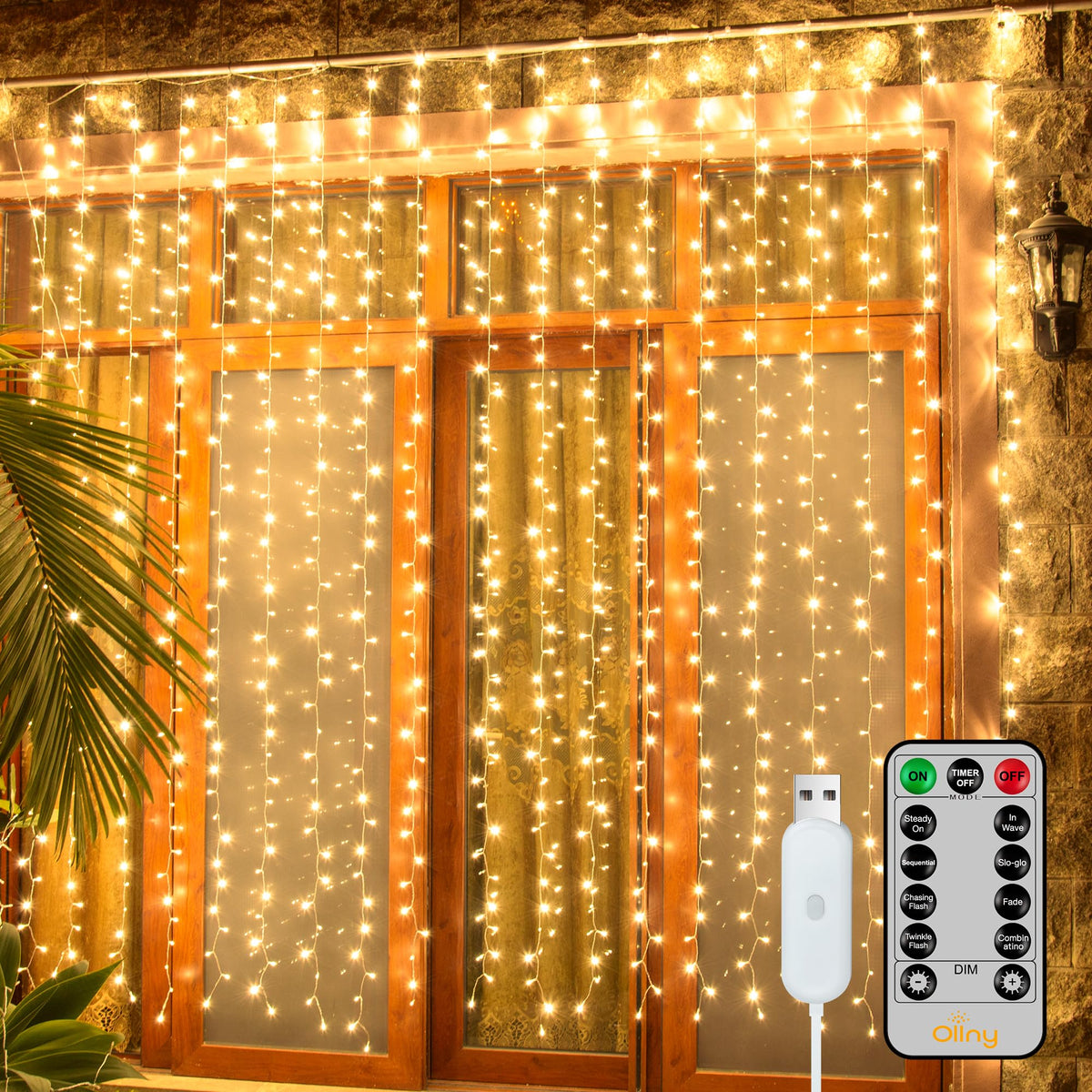 Ollny Curtain Lights 6.6x6.6ft, 200LED String Lights with Remote Warm White