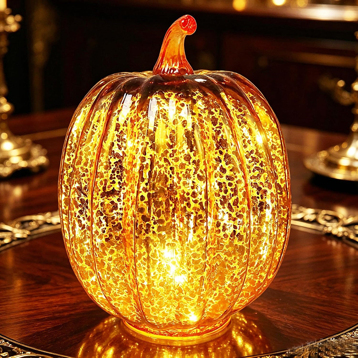 Fall Decorations for Home,Mercury Glass Pumpkin Lights with Timer(Gold)