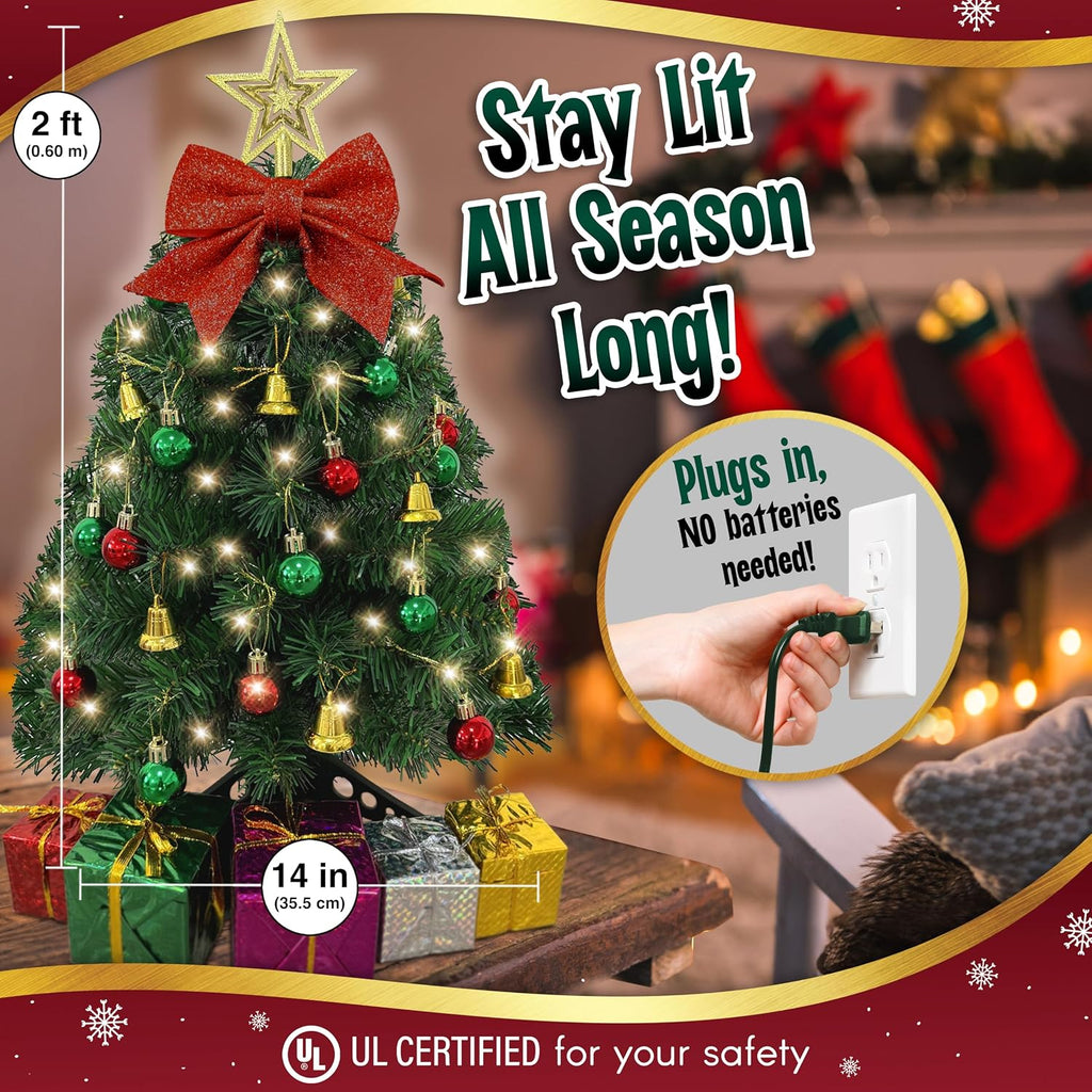 Small Christmas Tree with Lights - 23 Inch Mini Tabletop Christmas Tree with Warm-White LED Lights, Hanging Ornaments, Decorative Bow and Gift Boxes - Prelit Table Tree for DIY Christmas Decoration