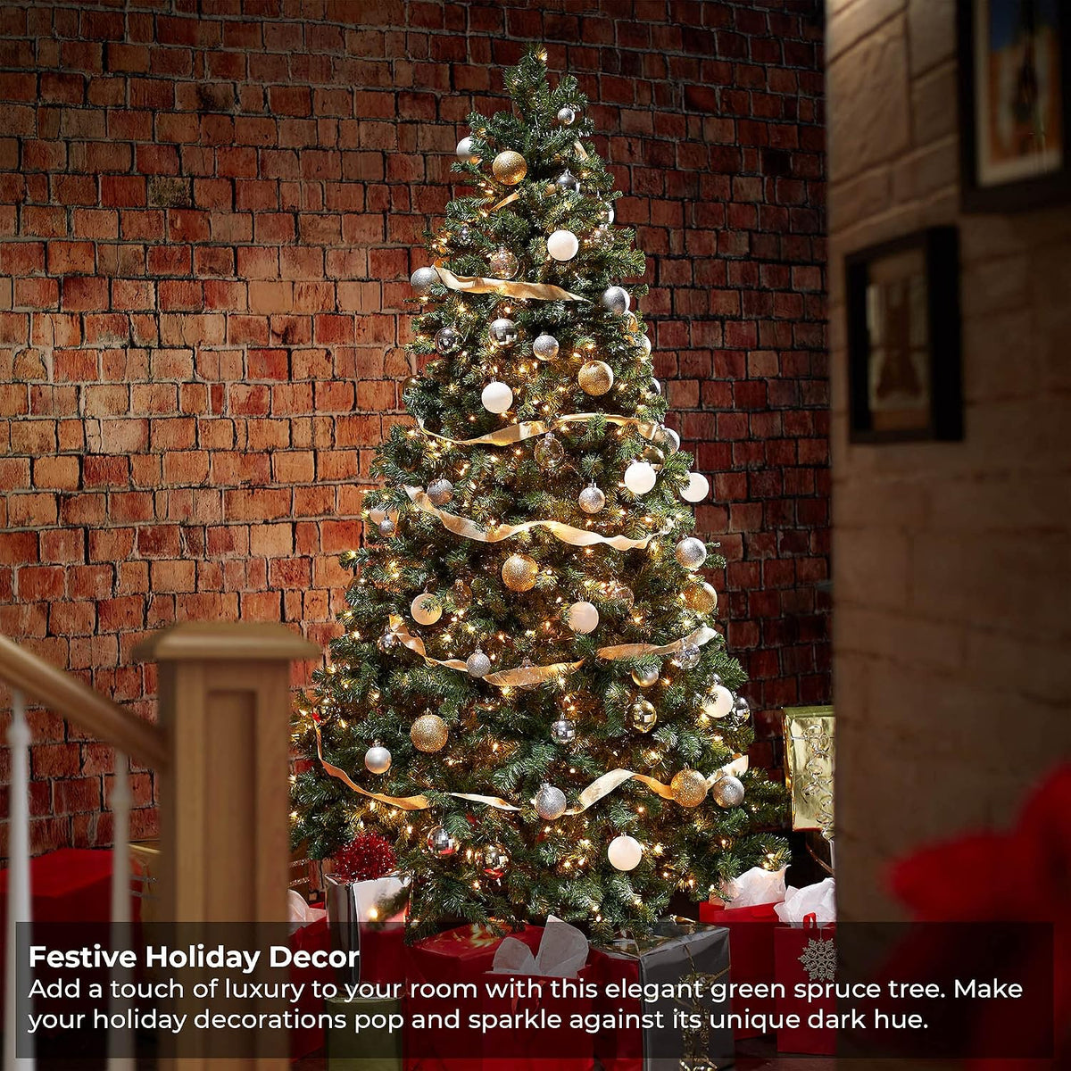 Casafield 7.5FT Realistic Pre-Lit Green Spruce Artificial Holiday Christmas Tree with Sturdy Metal Stand