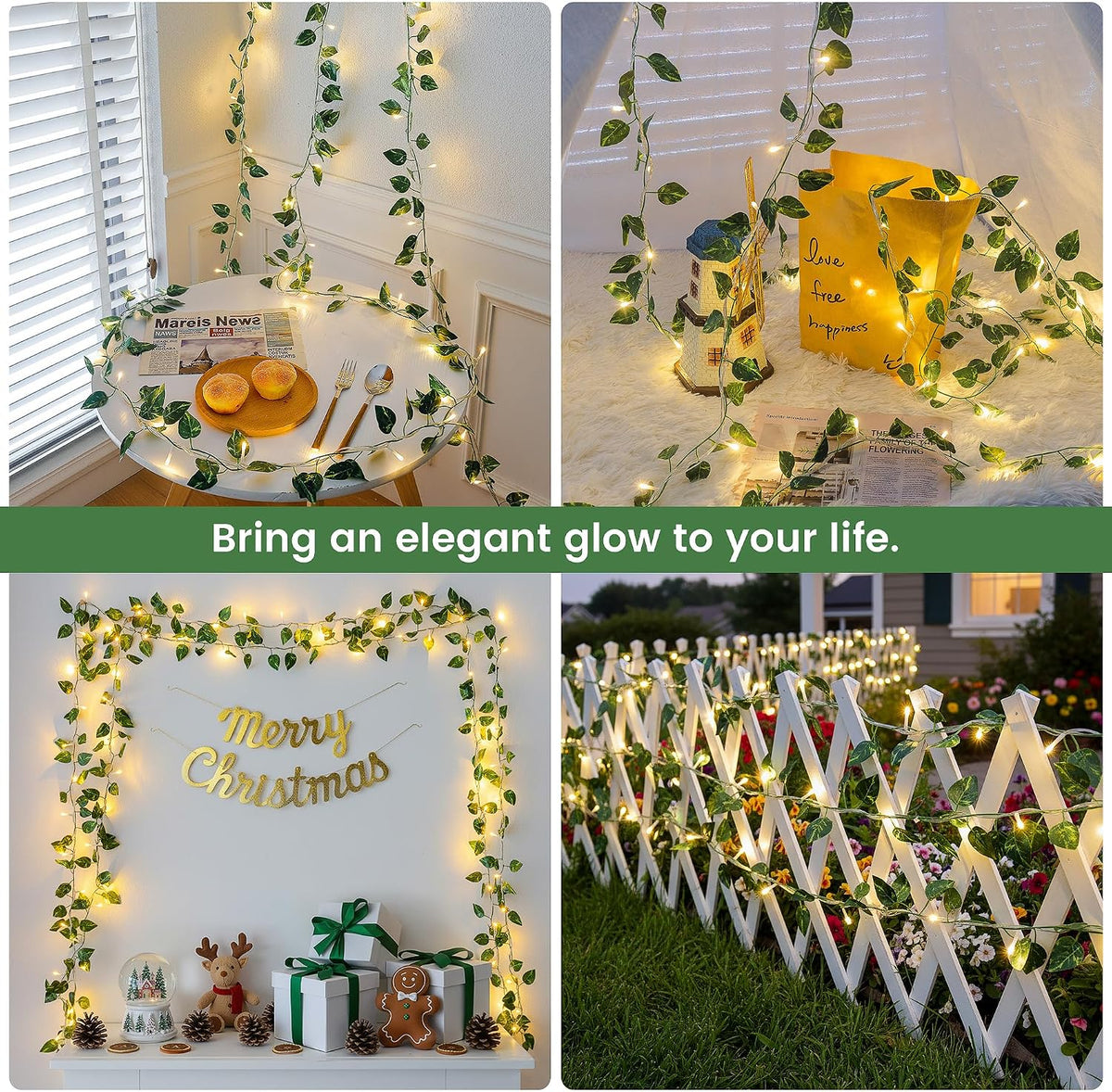 Vine String Lights Plug in, 23FT 73 LED Vines with Fairy Lights, Faux Pothos Leaf Garland with Light for Bedroom, Dorm Room, Wedding, Party & Home Decor, Warm White